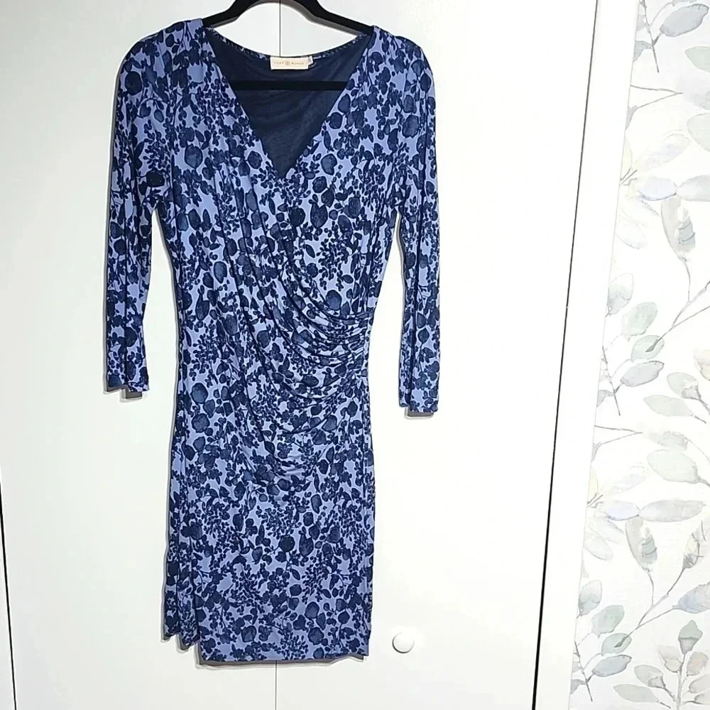 Tory Burch Blue Floral Ruched Dress Size S V-Neck 3/4 Sleeve Designer